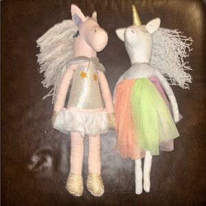 Pottery Barn Handmade Unicorn Dolls with Colorful Dresses 19” dolls